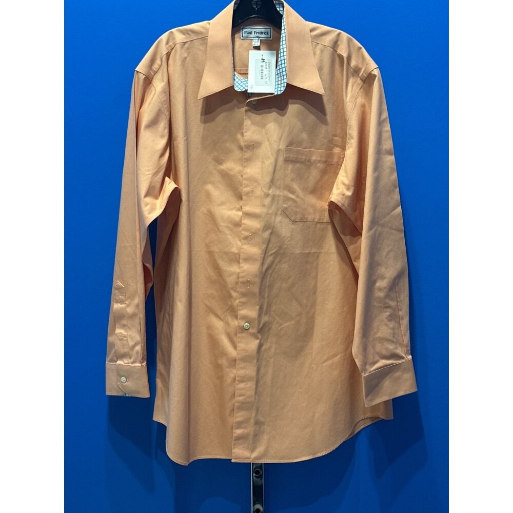 Paul Fredrick Mens Orange Dress Shirt 16.5/34 Cotton Blue Grid Cuffs Long Sleeve
